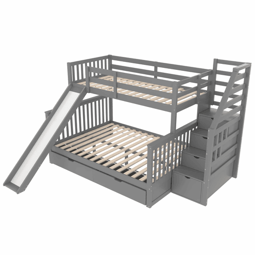 Cama beliche 90x200 - Com gavetas, arrumação e escorrega, multifuncional, cinzenta Cama beliche 90x200 - Com gavetas, arrumação e escorrega, multifuncional, cinzenta