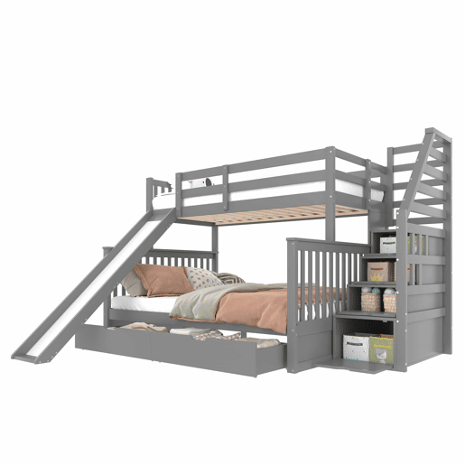 Cama beliche 90x200 - Com gavetas, arrumação e escorrega, multifuncional, cinzenta Cama beliche 90x200 - Com gavetas, arrumação e escorrega, multifuncional, cinzenta