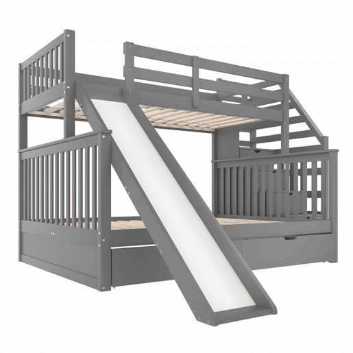 Cama beliche 90x200 - Com gavetas, arrumação e escorrega, multifuncional, cinzenta Cama beliche 90x200 - Com gavetas, arrumação e escorrega, multifuncional, cinzenta