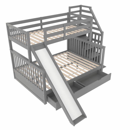 Cama beliche 90x200 - Com gavetas, arrumação e escorrega, multifuncional, cinzenta Cama beliche 90x200 - Com gavetas, arrumação e escorrega, multifuncional, cinzenta