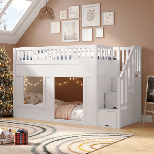 Cama infantil, beliche (90 x 200 cm), cama alta, multifuncional com armário com escada, espaço conversível na parte inferior, branca