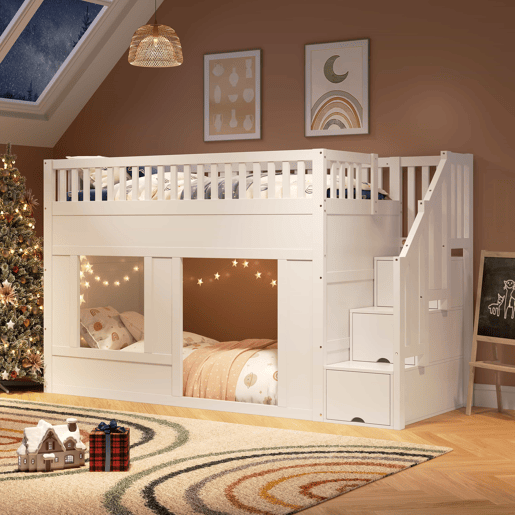 Cama infantil, beliche (90 x 200 cm), cama alta, multifuncional com armário com escada, espaço conversível na parte inferior, branca