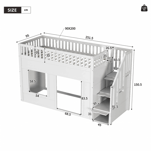 Cama infantil, beliche (90 x 200 cm), cama alta, multifuncional com armário com escada, espaço conversível na parte inferior, branca