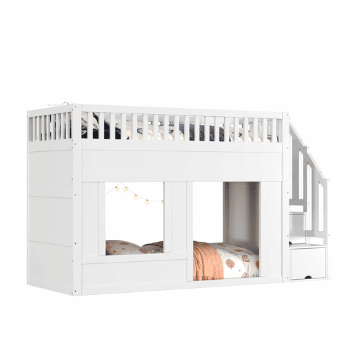 Cama infantil, beliche (90 x 200 cm), cama alta, multifuncional com armário com escada, espaço conversível na parte inferior, branca