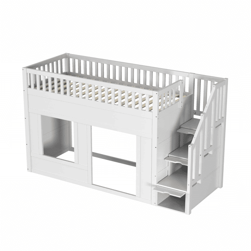 Cama infantil, beliche (90 x 200 cm), cama alta, multifuncional com armário com escada, espaço conversível na parte inferior, branca