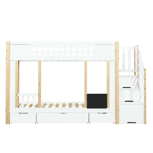 Cama alta 90x200 cm - Com armário escada, três gavetas, quadro negro, madeira de pinho - Branco + Natural
