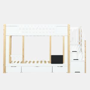 Cama alta 90x200 cm - Com armário escada, três gavetas, quadro negro, madeira de pinho - Branco + Natural