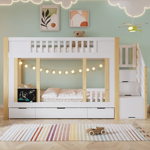 Cama alta 90x200 cm - Com armário escada, três gavetas, quadro negro, madeira de pinho - Branco + Natural