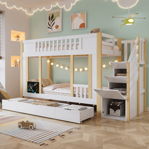Cama alta 90x200 cm - Com armário escada, três gavetas, quadro negro, madeira de pinho - Branco + Natural