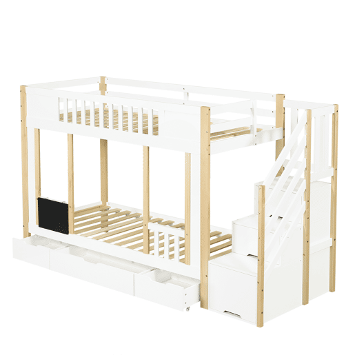 Cama alta 90x200 cm - Com armário escada, três gavetas, quadro negro, madeira de pinho - Branco + Natural