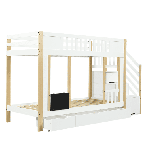 Cama alta 90x200 cm - Com armário escada, três gavetas, quadro negro, madeira de pinho - Branco + Natural