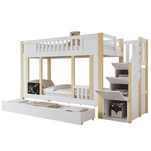 Cama alta 90x200 cm - Com armário escada, três gavetas, quadro negro, madeira de pinho - Branco + Natural