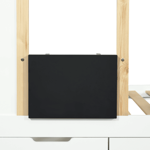 Cama alta 90x200 cm - Com armário escada, três gavetas, quadro negro, madeira de pinho - Branco + Natural