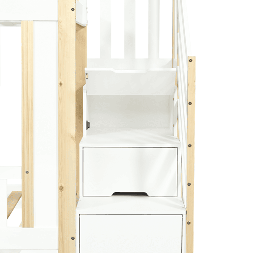 Cama alta 90x200 cm - Com armário escada, três gavetas, quadro negro, madeira de pinho - Branco + Natural