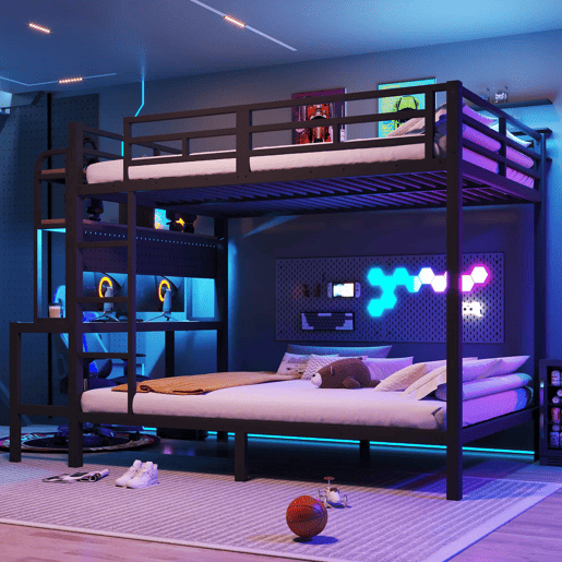 Cama alta 140x200 cm - Com secretária, LED, USB, grade de segurança, preta