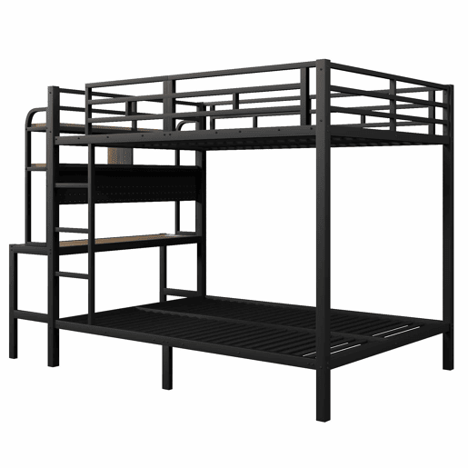 Cama alta 140x200 cm - Com secretária, LED, USB, grade de segurança, preta