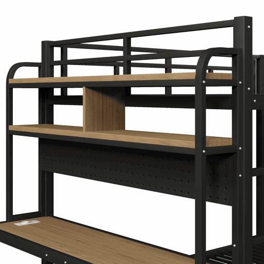 Cama alta 140x200 cm - Com secretária, LED, USB, grade de segurança, preta
