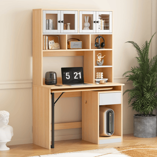 Secretária para computador 180 cm - Mesa de trabalho com prateleira e armário - Branco Natural Secretária para computador 180 cm - Mesa de trabalho com prateleira e armário - Branco Natural