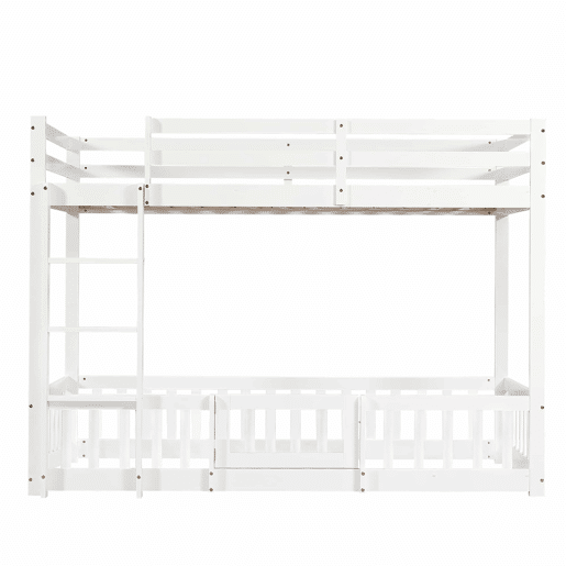Beliche 90x200 - Cama de madeira com escada em ângulo, corrimão e porta, proteção contra quedas, espaço livre por baixo - Branco