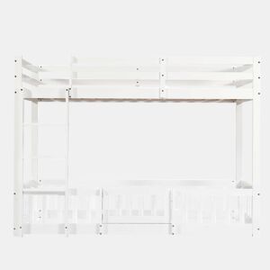 Beliche 90x200 - Cama de madeira com escada em ângulo, corrimão e porta, proteção contra quedas, espaço livre por baixo - Branco