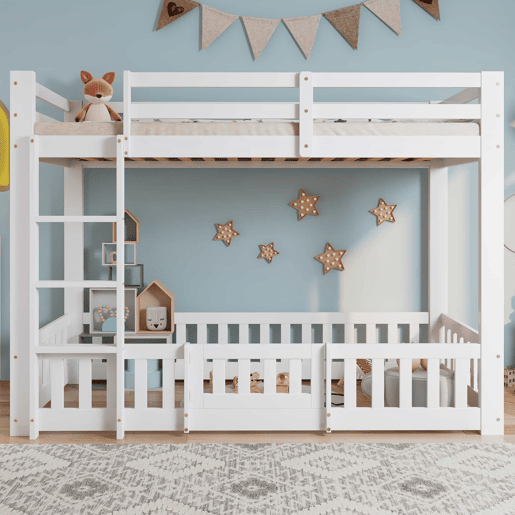 Beliche 90x200 - Cama de madeira com escada em ângulo, corrimão e porta, proteção contra quedas, espaço livre por baixo - Branco