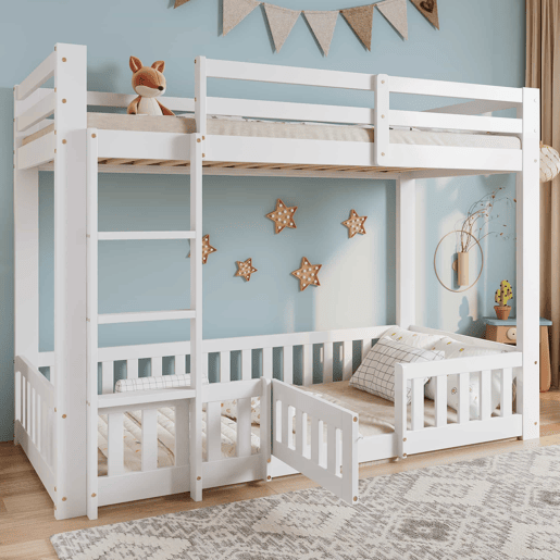 Beliche 90x200 - Cama de madeira com escada em ângulo, corrimão e porta, proteção contra quedas, espaço livre por baixo - Branco