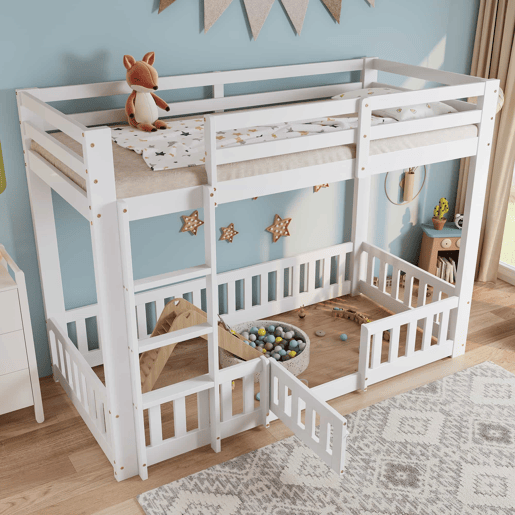 Beliche 90x200 - Cama de madeira com escada em ângulo, corrimão e porta, proteção contra quedas, espaço livre por baixo - Branco