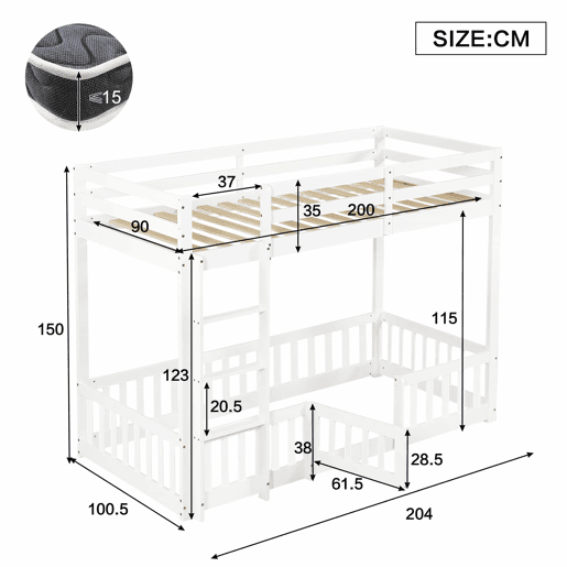 Beliche 90x200 - Cama de madeira com escada em ângulo, corrimão e porta, proteção contra quedas, espaço livre por baixo - Branco