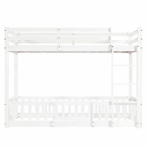 Beliche 90x200 - Cama de madeira com escada em ângulo, corrimão e porta, proteção contra quedas, espaço livre por baixo - Branco
