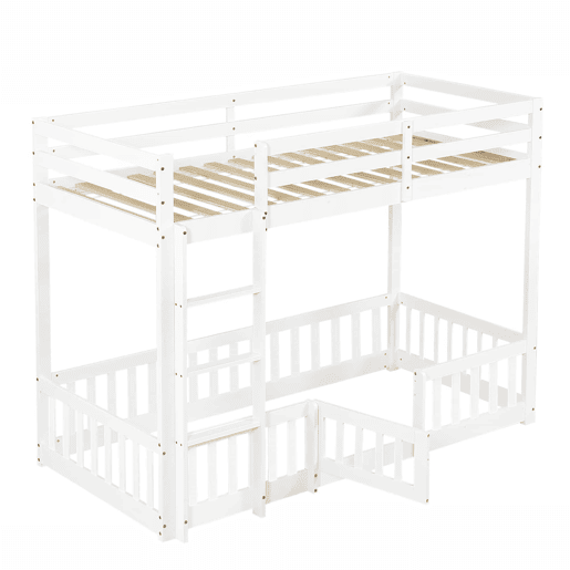 Beliche 90x200 - Cama de madeira com escada em ângulo, corrimão e porta, proteção contra quedas, espaço livre por baixo - Branco