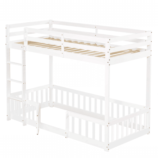 Beliche 90x200 - Cama de madeira com escada em ângulo, corrimão e porta, proteção contra quedas, espaço livre por baixo - Branco