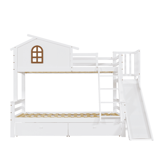 Beliche + cama individual 90x200 e 120x200 - Janelas decorativas, escada inclinada de 4 níveis, cama para crianças e adultos com escorregador, 2 gavetas, estrutura em madeira maciça - Branco