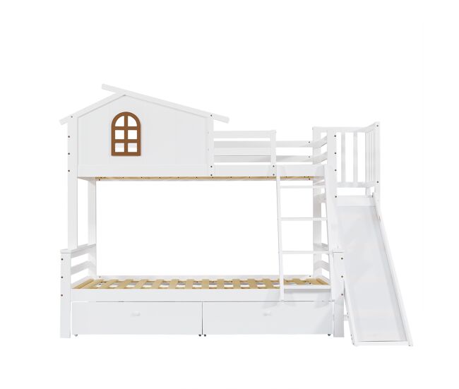 Cama litera + cama individual 90x200 & 120x200 - ventanas decorativas, escalera inclinada de 4 niveles, cama para niños y adultos con tobogán, 2
