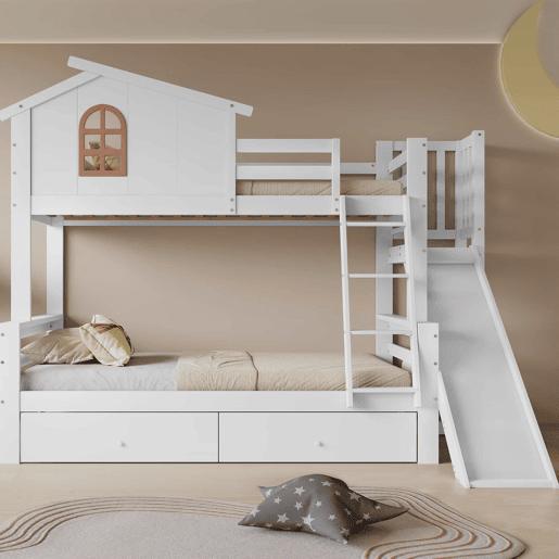 Beliche + cama individual 90x200 e 120x200 - Janelas decorativas, escada inclinada de 4 níveis, cama para crianças e adultos com escorregador, 2 gavetas, estrutura em madeira maciça - Branco