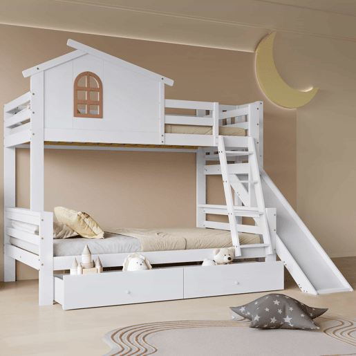 Beliche + cama individual 90x200 e 120x200 - Janelas decorativas, escada inclinada de 4 níveis, cama para crianças e adultos com escorregador, 2 gavetas, estrutura em madeira maciça - Branco