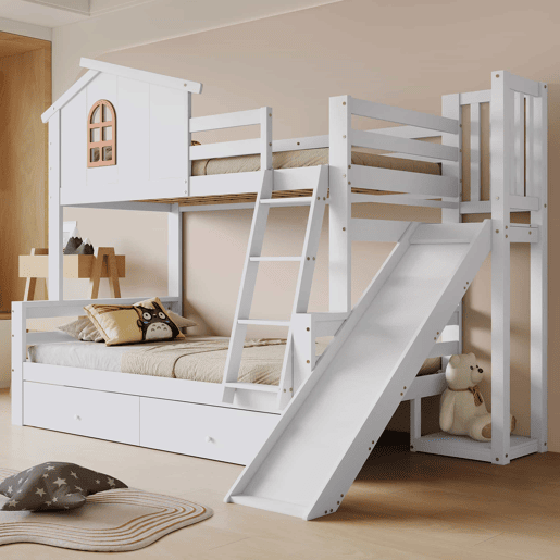 Beliche + cama individual 90x200 e 120x200 - Janelas decorativas, escada inclinada de 4 níveis, cama para crianças e adultos com escorregador, 2 gavetas, estrutura em madeira maciça - Branco