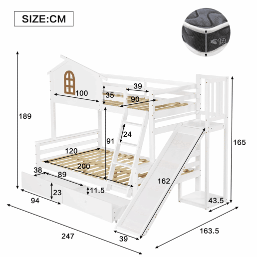 Beliche + cama individual 90x200 e 120x200 - Janelas decorativas, escada inclinada de 4 níveis, cama para crianças e adultos com escorregador, 2 gavetas, estrutura em madeira maciça - Branco