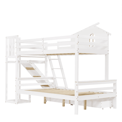 Beliche + cama individual 90x200 e 120x200 - Janelas decorativas, escada inclinada de 4 níveis, cama para crianças e adultos com escorregador, 2 gavetas, estrutura em madeira maciça - Branco