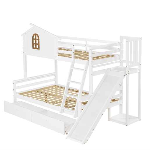 Beliche + cama individual 90x200 e 120x200 - Janelas decorativas, escada inclinada de 4 níveis, cama para crianças e adultos com escorregador, 2 gavetas, estrutura em madeira maciça - Branco