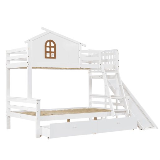 Beliche + cama individual 90x200 e 120x200 - Janelas decorativas, escada inclinada de 4 níveis, cama para crianças e adultos com escorregador, 2 gavetas, estrutura em madeira maciça - Branco