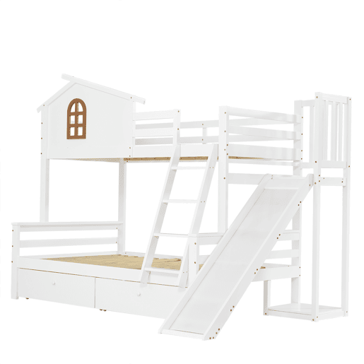 Beliche + cama individual 90x200 e 120x200 - Janelas decorativas, escada inclinada de 4 níveis, cama para crianças e adultos com escorregador, 2 gavetas, estrutura em madeira maciça - Branco
