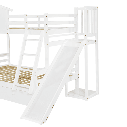 Beliche + cama individual 90x200 e 120x200 - Janelas decorativas, escada inclinada de 4 níveis, cama para crianças e adultos com escorregador, 2 gavetas, estrutura em madeira maciça - Branco