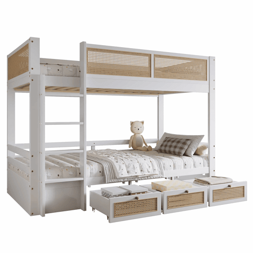 Beliche 90x200cm - Com três gavetas com rodízios, grades de proteção seguras, design com cercadinho - Branco + Natural