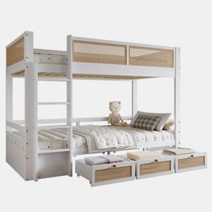 Beliche 90x200cm - Com três gavetas com rodízios, grades de proteção seguras, design com cercadinho - Branco + Natural