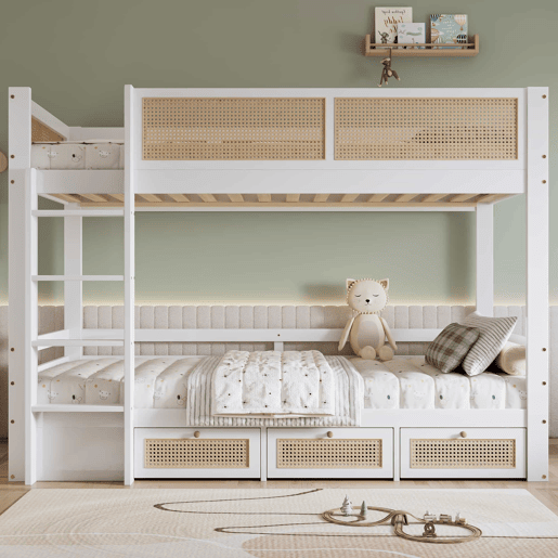 Beliche 90x200cm - Com três gavetas com rodízios, grades de proteção seguras, design com cercadinho - Branco + Natural