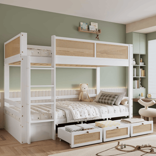 Beliche 90x200cm - Com três gavetas com rodízios, grades de proteção seguras, design com cercadinho - Branco + Natural