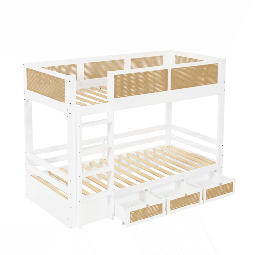 Beliche 90x200cm - Com três gavetas com rodízios, grades de proteção seguras, design com cercadinho - Branco + Natural