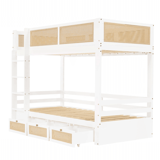 Beliche 90x200cm - Com três gavetas com rodízios, grades de proteção seguras, design com cercadinho - Branco + Natural