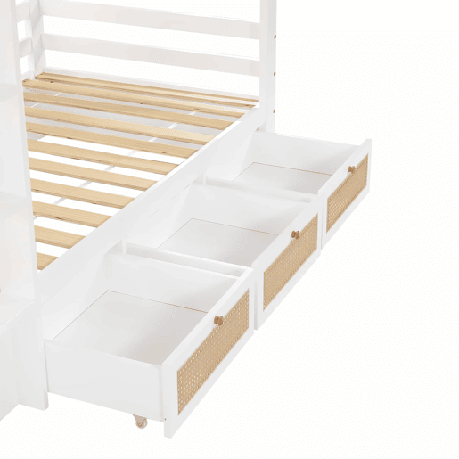 Beliche 90x200cm - Com três gavetas com rodízios, grades de proteção seguras, design com cercadinho - Branco + Natural