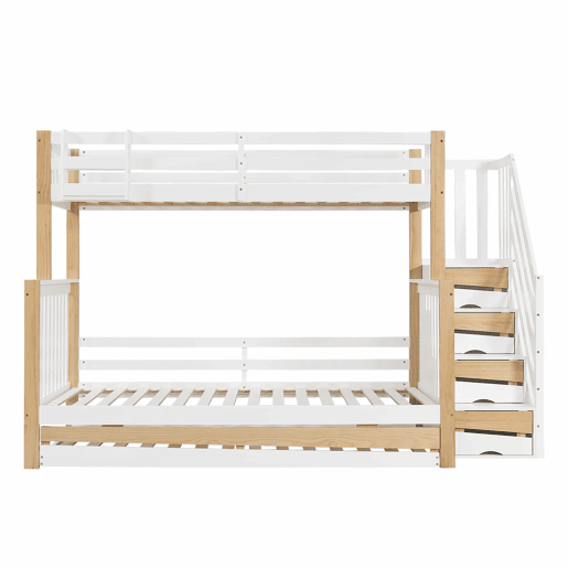 Beliche + cama extra 90x200&120x200 - com proteção anti-queda, grade, três posições de cama, escada de canto, design especial da porta - Branco+Natural Beliche + cama extra 90x200&120x200 - com proteção anti-queda, grade, três posições de cama, escada de canto, design especial da porta - Branco+Natural